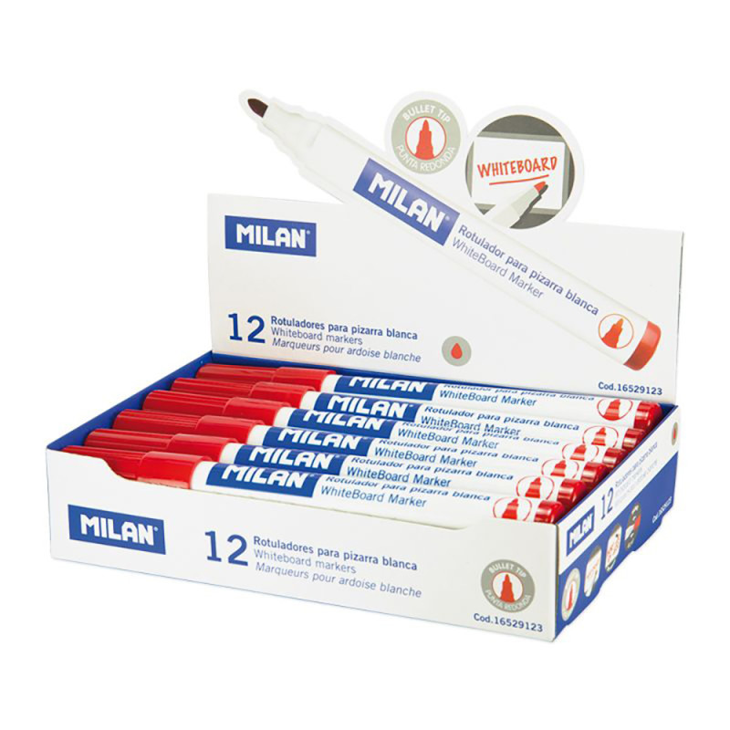 Caja de 12 rotuladores rojos ø4,7mm para pizarra blanca milan