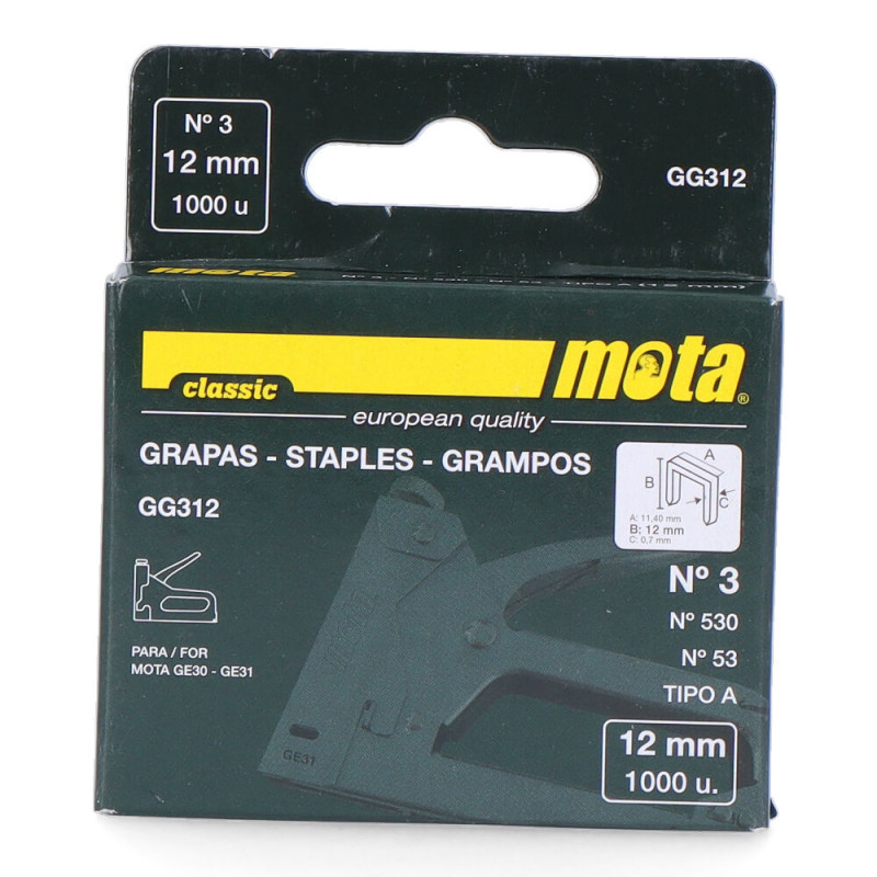 Grapas nº 3 de 12mm 1000 unid. espesor 0,7mm gg312 mota