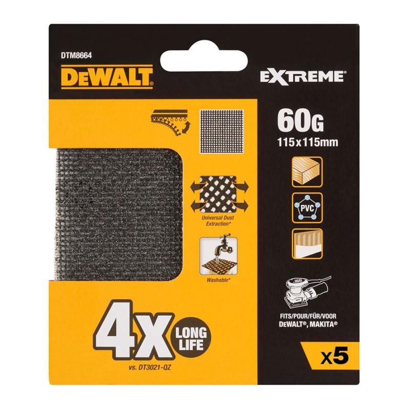 Pack 5 lijas de malla 1/4, 115x115mm grano 60 para lijadoras orbitales dtm8664-qz dewalt