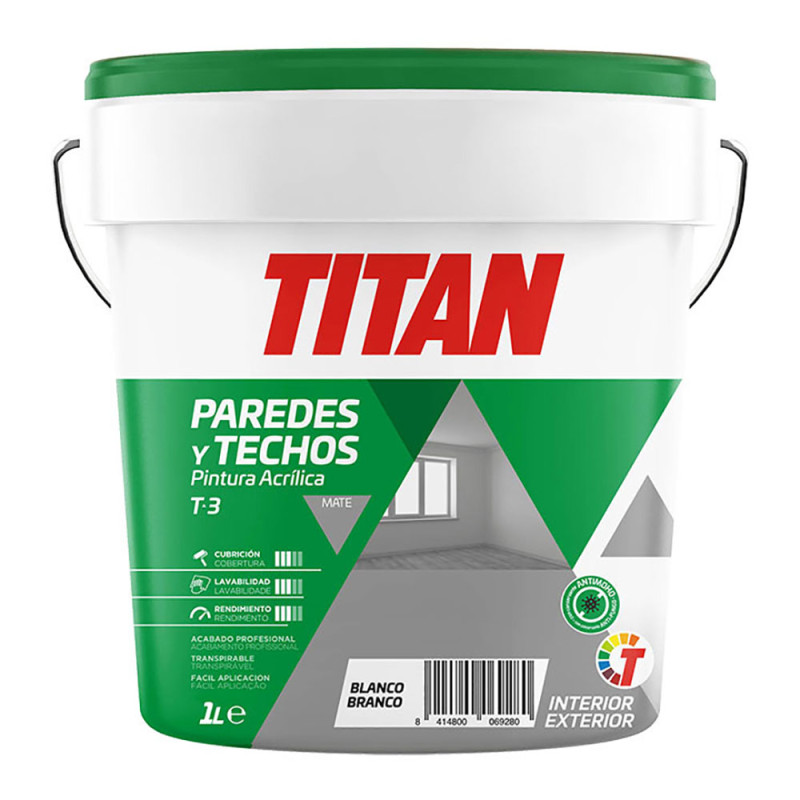 Pintura acrílica para decoración de paredes y techos t-3 blanco.mate 1l titan 123000301