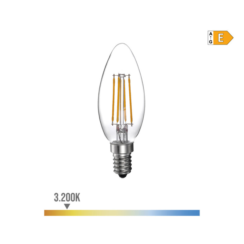 Bombilla de vela con filamento de led e14 4w 550lm 3200k luz calida ø4,5x7,8cm edm