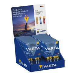 Expositor de carton de sobremesa de pilas varta "long life" 10 blisters 4xaaa lr03 +10 blisters 4xaa lr06 varta 27x18x17cm