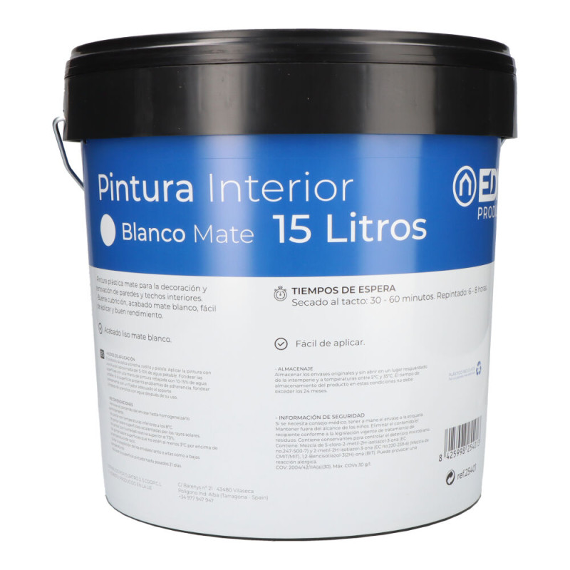 Pintura plastica mate interior blanca 15l edm