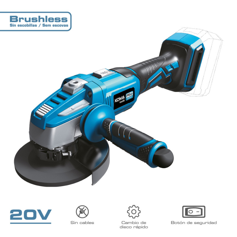 Amoladora 20v brushless (sin batería ni cargador) ø125mm 37,5x12cm koma tools