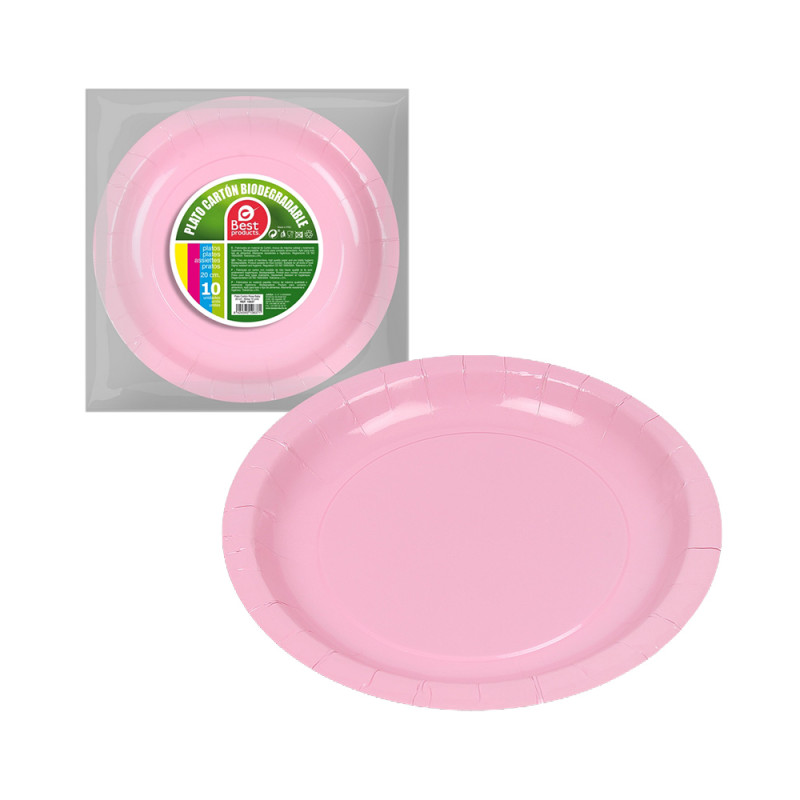 Pack con 10 unid. platos de cartón rosa baby ø20cm best products green