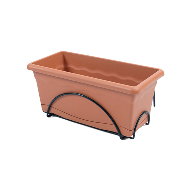 Jardinera con plato integrado 60x24cm + soporte metalico. color terracota