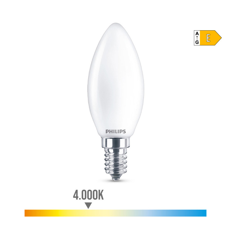 Bombilla vela led e14 6,5w 806lm 4000k luz dia ø3,5x9,7cm. philips