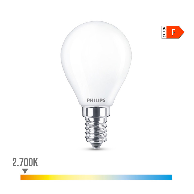 Bombilla esferica led e14 4,3w 470lm 2700k luz calida ø4,5x8,2cm philips