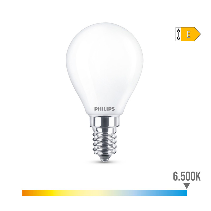 Bombilla esferica led e14 6,5w 806lm 6500k luz fria ø4,5x8cm philips